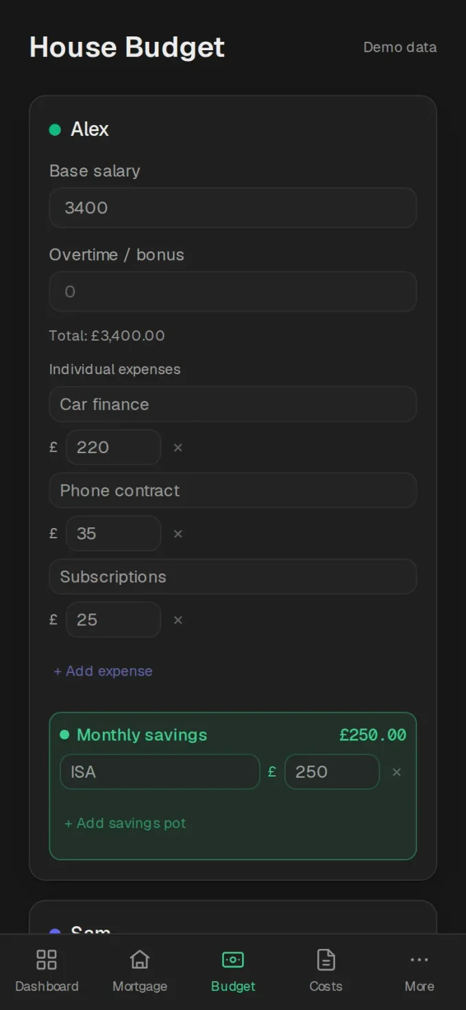 The House Budget page: Alex and Sam's salaries, their individual expenses and monthly savings pots, and the £1,450 mortgage payment split 55% / 45% between them